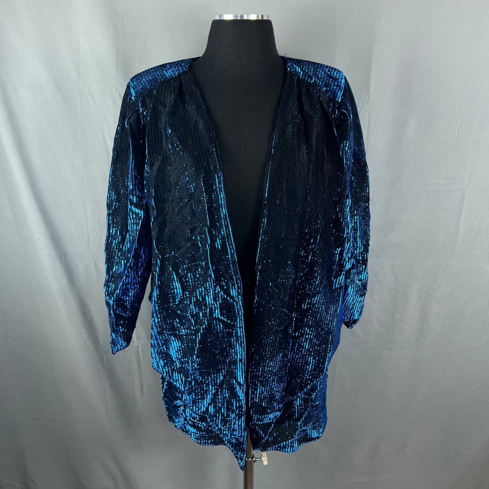 Vintage Metallic Jacket Womens 16 Blue Shimmer Pleated Open Front Long Sleeve